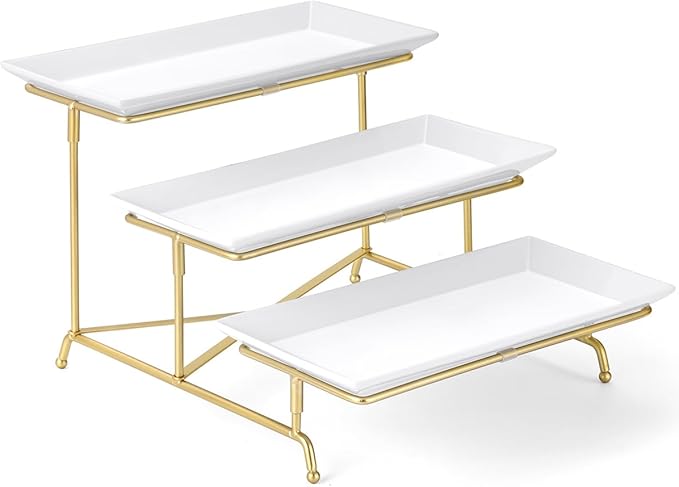Yedio 3 Tier Serving Tray Set Porcelain Tiered Serving Platters, Collapsible Sturdier Stand with Stable Cross Bars, 12 Inch Three Layer Serving for Party Entertaining Food Display Fruit Dessert