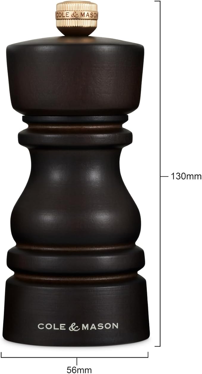 Cole & Mason London Refillable Spice Mill - Kitchen & Home Accessory - Table Black Pepper Grinder - Pepper Mill with Carbon Steel Mechanism - 5", Chocolate Wood
