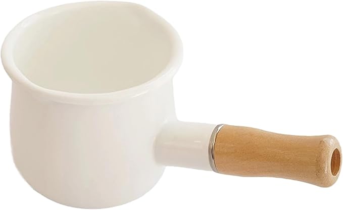 Enamel Milk Pot 17oz Butter Warmer Small Sauce Pan with Spouts Butter Melting Pot, Wooden Handle, White