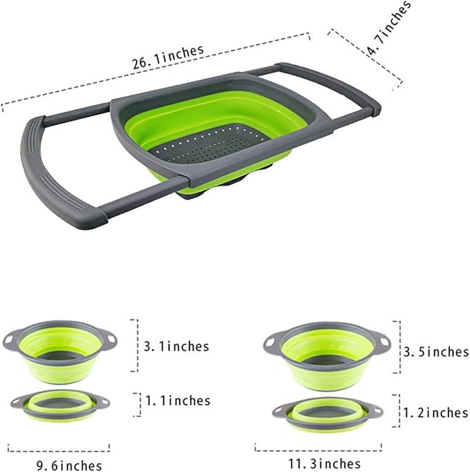 CdyBox New Version 11Pack Silicone Kitchen Strainer Collapsible Colander with Foldable Silicone Measuring Spoon Measuring Cup Kitchen Good Tools (Green) 9.6 * 1.1