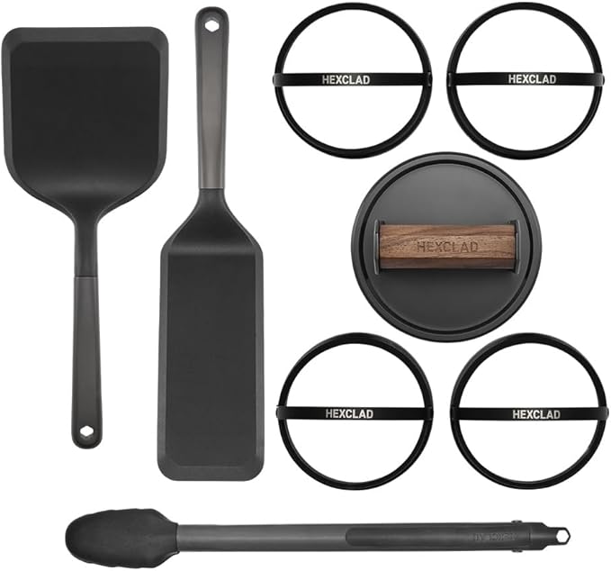 HexClad 8-Piece Griddle Tool Set with Smash-Burger Press, Wide Turner, Long Spatula, 14" Tongs, and 4 Egg Rings, Heat-Resistant to 450ºF, Dishwasher-Safe, Perfect for Our Hybrid Double-Burner Griddle