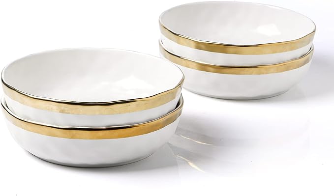 Stone Lain Florian 4-Piece Round Pasta Bowl Set, White with Gold Rim