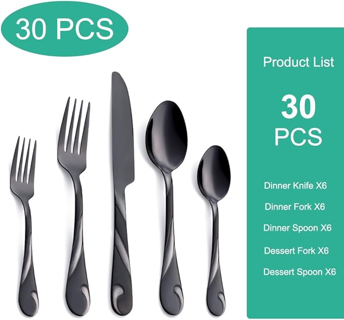 Black Silverware Set for 6, 30-Piece Stainless Steel Flatware Set, Shiny Black Metal Cutlery Set, Include Fork, Knife and Spoon Set, Dishwasher Safe