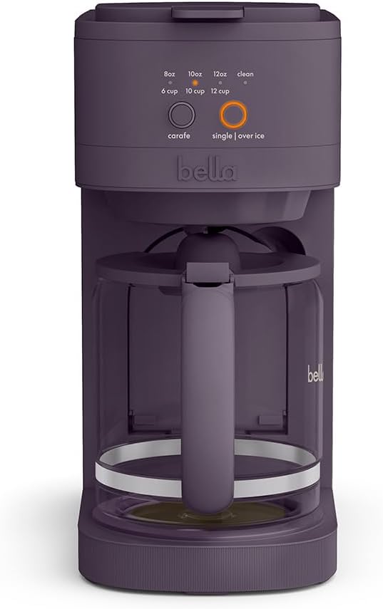 BELLA VersaBrew 2-in1 Coffee Maker, K-Cup compatible, Brew 3 Sizes Carafes & Single Serve Cups, Dishwasher Safe Reusable Filter & Filter Holder, Iced Coffee Function, 60oz Tank, Plum