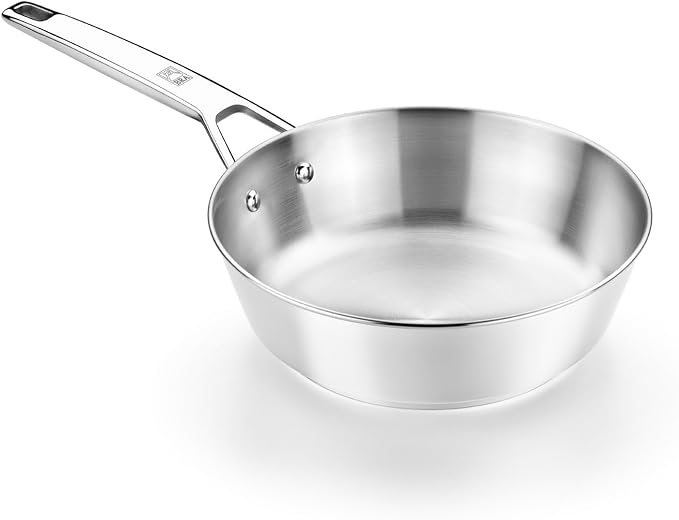 BRA COOKWARE Signature Deep Frying Pan | 9.5 inches Professional High Skillet | Stainless Steel Deep Frying Pan | All Stovetop Compatible | PFOA Free | w/o Non-Stick Coating | Polished Finish