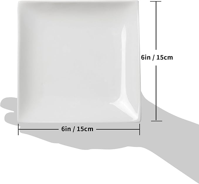 Appetizer Plates Set of 6, 6 Inch Porcelain Dessert Plates, White Stackable Square Salad Plates for Snack Steak Bread Butter, Chip and Scratch Resistant, Microwave and Dishwasher Safe