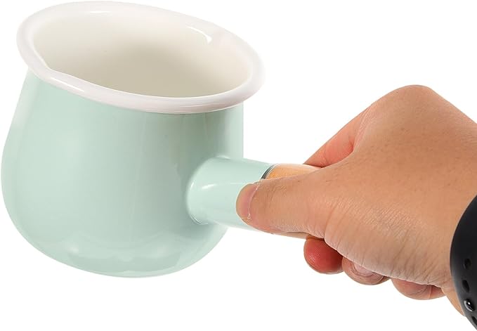 GANAZONO Enamel Milk Pan Mini Butter Warmer 7 Inch Non-stick Milk Heating Pot Small Enamelware Saucepan with Wood Handle for Heating Liquid Portions 10CM Light Green