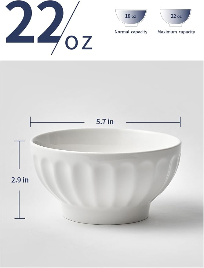 22 OZ Ceramic Soup/Cereal Bowls - White Bowls Set of 6 -Round Bowls for Cereal, Soup, Ice Cream, Fruit, Pasta, Salad, Rice - Dishwasher & Microwave Safe