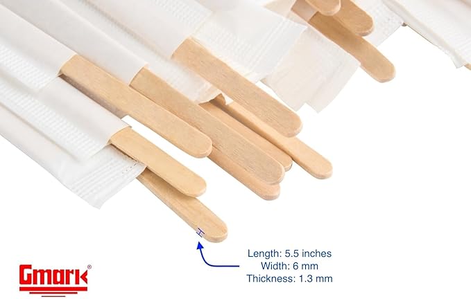 Gmark Individually Wrapped Wood Coffee Stir Sticks - 7" (length 178mm, width 6mm, thick 1.8mm) - 500pc Round End, Eco Friendly Coffee Stirrers for Hot Drinks - Natural Birch Wood GM1116A