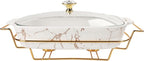 11" x 7" Ceramic Casserole Dish with Glass Lid and rack, 1.3 Quart Serving Soup Tureen,Chafing Dish for Buffet, Family Food preserve Tray, Catering Casserole for Party Style