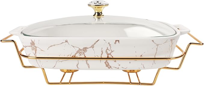 11" x 7" Ceramic Casserole Dish with Glass Lid and rack, 1.3 Quart Serving Soup Tureen,Chafing Dish for Buffet, Family Food preserve Tray, Catering Casserole for Party Style