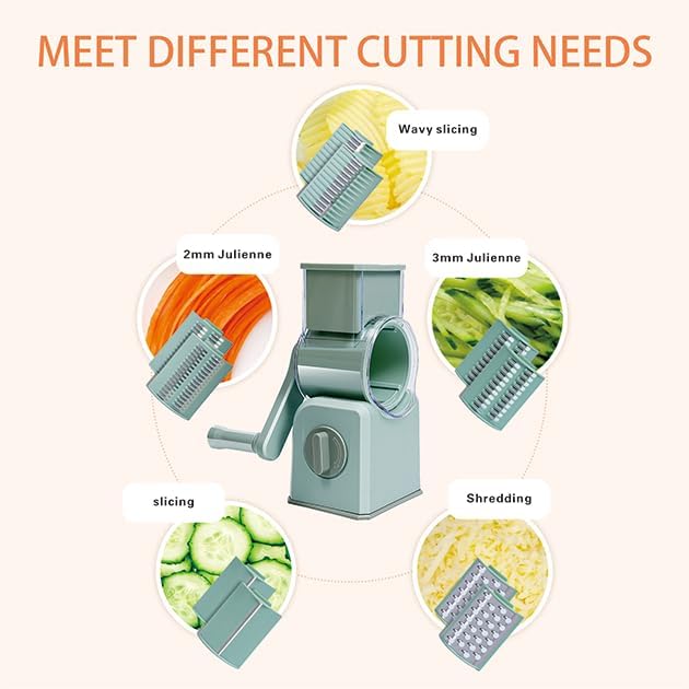 Rotary Cheese Grater with Hand Crank, 5 Interchangeable Blades Vegetable Slicer - Strong Suction Cup Base for Secure Use, Removable & Easy to Clean - Ideal for Cheese, Vegetables, Fruits, Nuts green