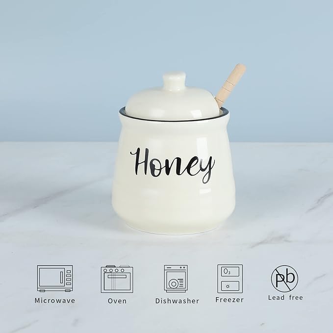 HAOTOP Farmhouse Porcelain Honey Jar with Dipper and Lid Set 12oz,Easy to Clean (Beige)