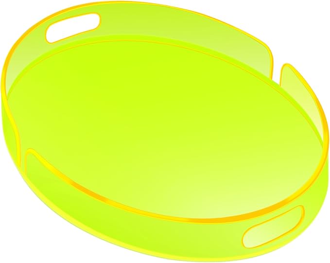 Acrylic Serving Tray with Handles Large Decorative Ottoman Tray 17x13'' Round for Bathroom Food Coffee Fruit Snack Tea Dinner Living Room, Neon Green