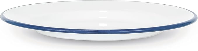 Red Co. Set of 4 Enamelware Metal Classic 10" Round Dinner Plate, Solid White/Navy Blue Rim