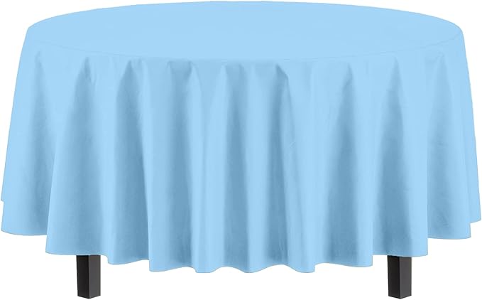 Party Solids 12-Pack Premium Plastic Tablecloth 84in. Round Table Cover - Light Blue