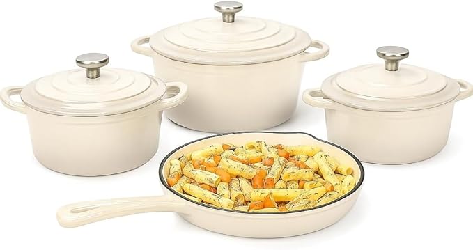 Hisencn Enameled Cast Iron Cookware Set - 7 Piece Dutch Ovens Set, Sauce Pan, Skillet, 3 Lids, Pots and Pans Set, Ceramic Coated Cast Iron, Heavy Duty, Gas/Induction Compatible, PFA Free