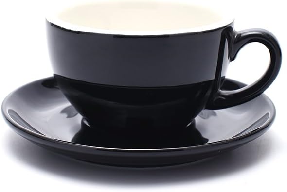 Free Pour Coffee Cup and Saucer, Small Cappuccino and Double Espresso, Ceramic Coffee Cups for Coffee Shop and Barista (Glossy Black, 5 oz)