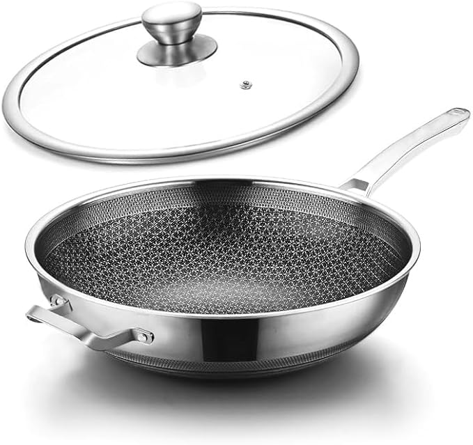 Wok Pan,Hybrid Nonstick 12 Inch Wok with Lid,Induction Non Stick Stainless Steel Large Deep Woks&Stir-Fry Pans,Frying Pan,Stay-Cool Handle Skillets,PFOA Free,12 Inch Wok