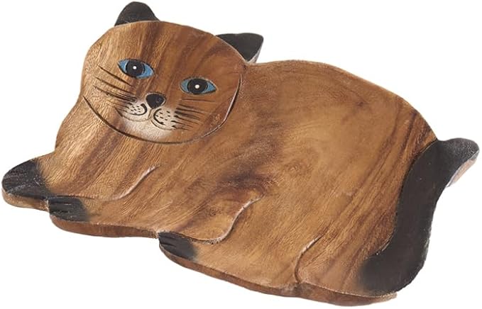Handcrafted Cat Shaped Decorative Tray, Authentic Thai Wood with Vibrant Hand-Painted Details, Unique Artisan Serving Tray for Home Decor & Display