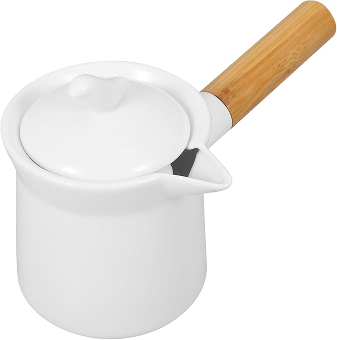 BESTonZON Ceramic Milk Warmer Pot 350ml Enamel Pan Non-stick Saucepan With Lid Porcelain Coffee Pot Food Bowl Butter Warmer With Wooden Handle for Heating Liquid Appetizer