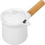 BESTonZON Ceramic Milk Warmer Pot 350ml Enamel Pan Non-stick Saucepan With Lid Porcelain Coffee Pot Food Bowl Butter Warmer With Wooden Handle for Heating Liquid Appetizer