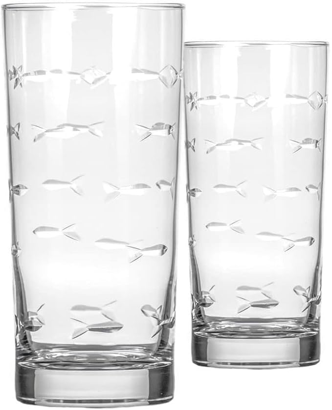 Rolf Glass School of Fish Highball Glass | Set of 2 15oz Cooler Glasses | Lead-Free Engraved Glass with Heavy Base | Proudly Made in the USA