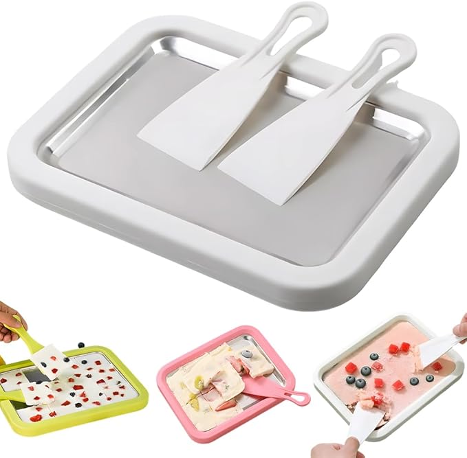 Rolled Ice Cream Maker Kit, At-Home Rolled Ice Cream Machine with Instant Freeze Tray & 2 Scrapers, DIY Rolled Ice Cream Tray for Kids & Adults, Stainless Steel Frozen Dessert Maker (White)
