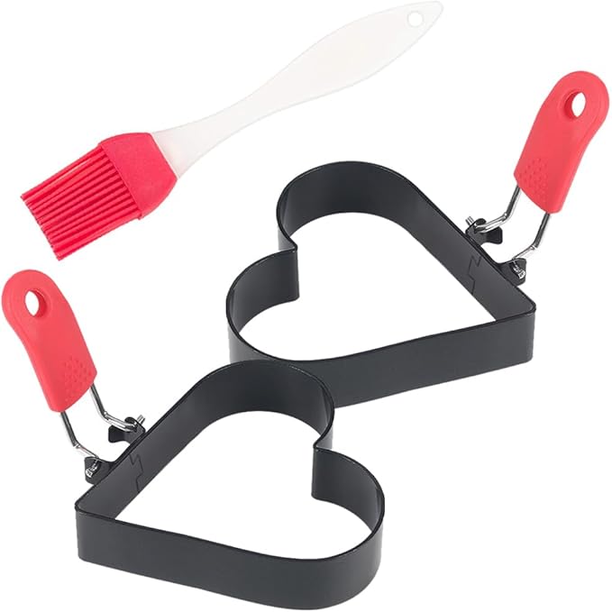 3.5 Inch Egg Ring with Foldable Handle, Stainless Steel Heart Shaped Egg Rings for Frying Eggs, English Muffins, Cooking Breakfast Sandwich Burger, 2 Pack