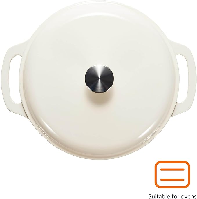Amazon Basics Cast Iron Dutch Oven Pot with Lid, Enameled, Round, Dual Handles, Heavy-Duty, Medium, 6-Quart, White