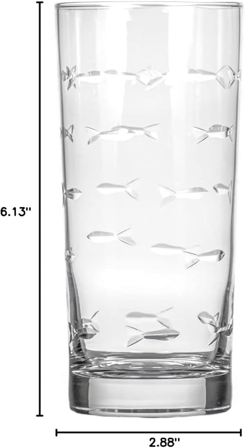 Rolf Glass School of Fish Highball Glass | Set of 4 15oz Cooler Glasses | Lead-Free Engraved Glass with Heavy Base | Proudly Made in the USA