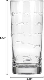 Rolf Glass School of Fish Highball Glass | Set of 4 15oz Cooler Glasses | Lead-Free Engraved Glass with Heavy Base | Proudly Made in the USA
