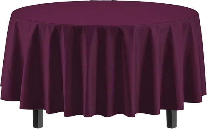 Exquisite Party Solids 12-Pack Premium Plastic Tablecloth 84in. Round Table Cover - Plum
