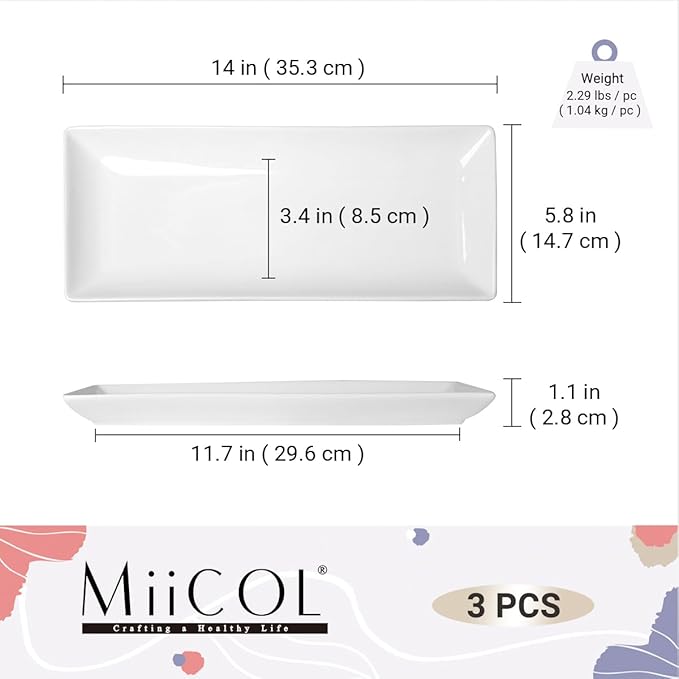 Miicol Porcelain Serving Platters Set of 3, Large Serving Trays 14 Inch, White Rectangle Plates, Ceramic Serving Dishes for Party, Restaurant, Buffet, Steak, Dessert, Salad, Fruit, Microwave Safe