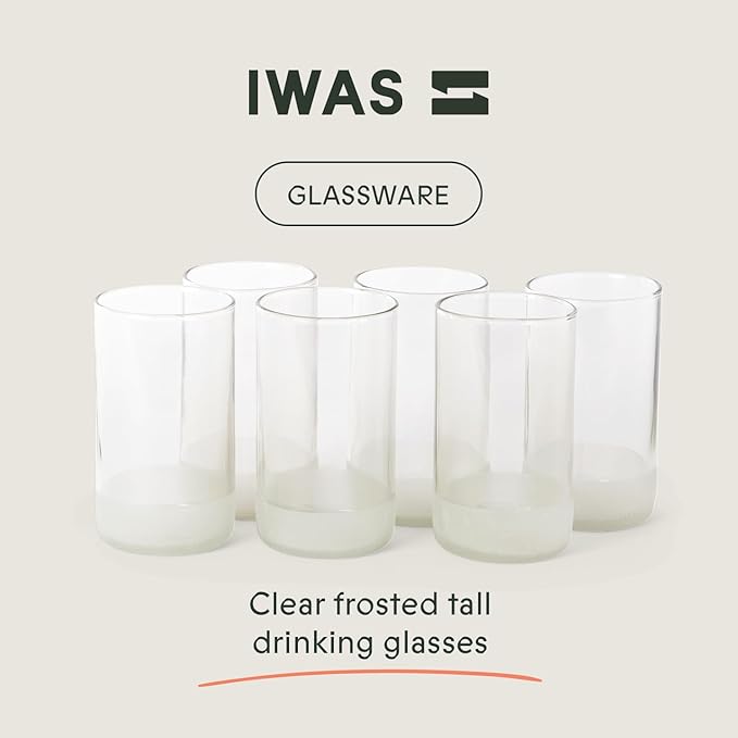 IWAS Upcycled Tall Clear Drinking Glasses | 350 ML | 12 OZ | Set of 6 | Sustainable Water and Cocktail Glasses For Home | Environmentally Friendly