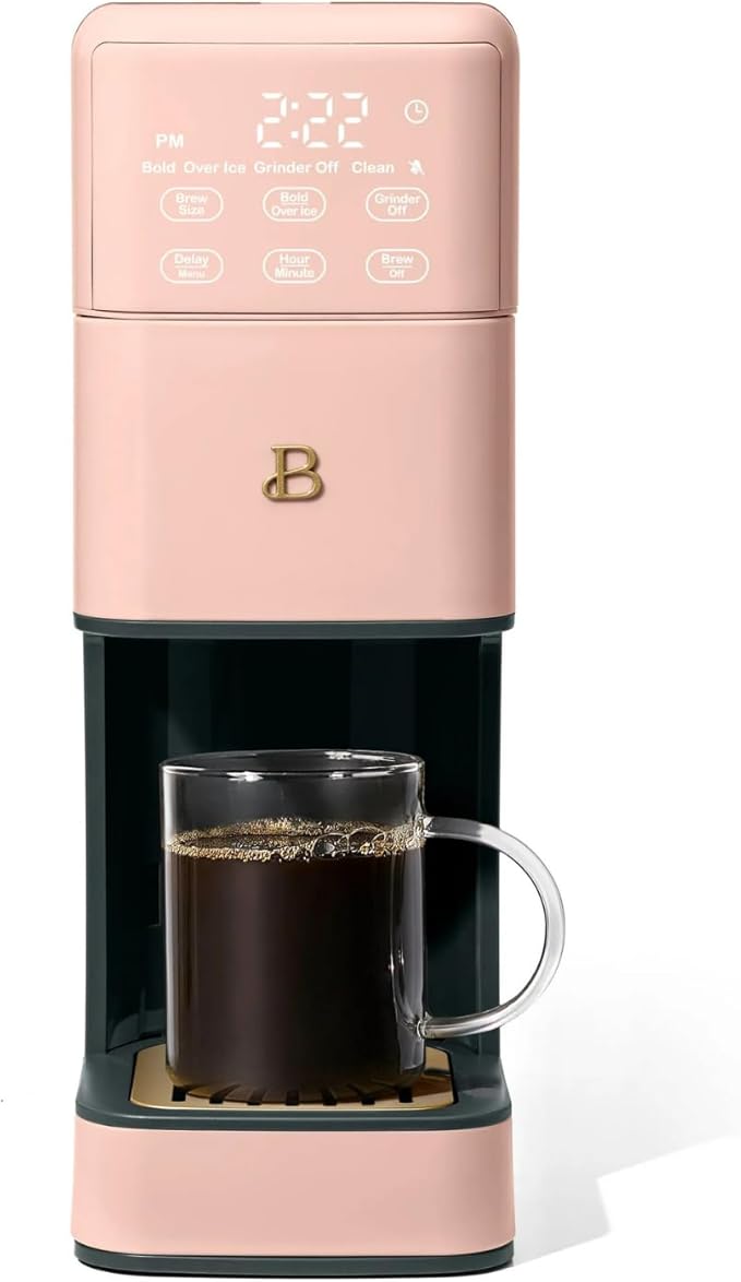 Beautiful Perfect Grind Programmable Single Serve Coffee Maker with Touch-activated Display, Programmable and Integrated Burr Grinder, 64oz Water Reservoir (Rose)