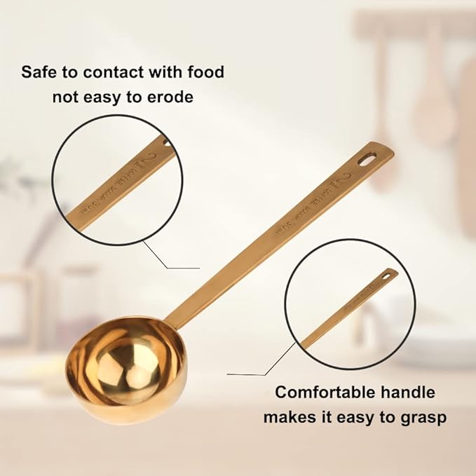Coffee Scoop, Gold Stainless Steel Coffee Spoons Set, 1 tablespoon (15ml) and 1 tablespoons (30ml) Spoon, Gold Tablespoon Measure Spoon for Coffee, Milk Powder, Fruit Powder, 2 Pack (Long, Gold)