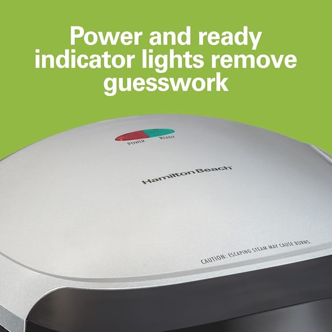 Hamilton Beach Electric Indoor Grill, 6-Serving, Large 90 sq. in. Nonstick Easy Clean Plates, Floating Hinge for Thicker Foods, 1200 Watts, 6.38"D x 12.68"W x 13.78"H , Silver (25371)