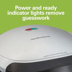 Hamilton Beach Electric Indoor Grill, 6-Serving, Large 90 sq. in. Nonstick Easy Clean Plates, Floating Hinge for Thicker Foods, 1200 Watts, 6.38"D x 12.68"W x 13.78"H , Silver (25371)