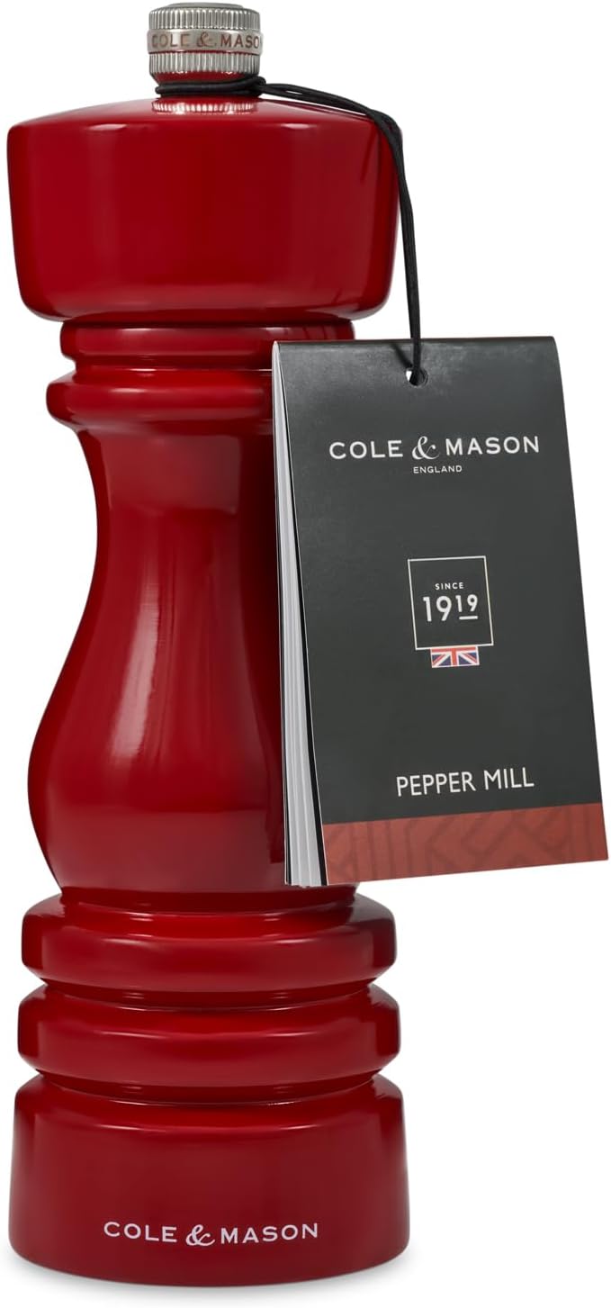 Cole & Mason London Refillable Spice Mill - Kitchen & Home Accessory - Table Black Pepper Grinder - Pepper Mill with Carbon Steel Mechanism - 7", Red Gloss