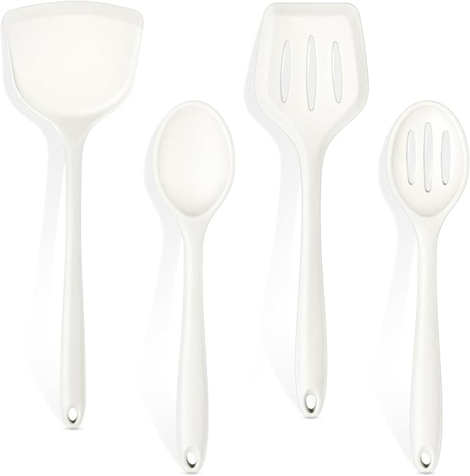 P&P CHEF Kitchen Utensil Set, 4 Pieces Non-stick Silicone Cooking Utensils, Heat-resistant Slotted Solid Spoon Turner for Frying, Mixing, Serving, Non-toxic & Easy to Clean, White