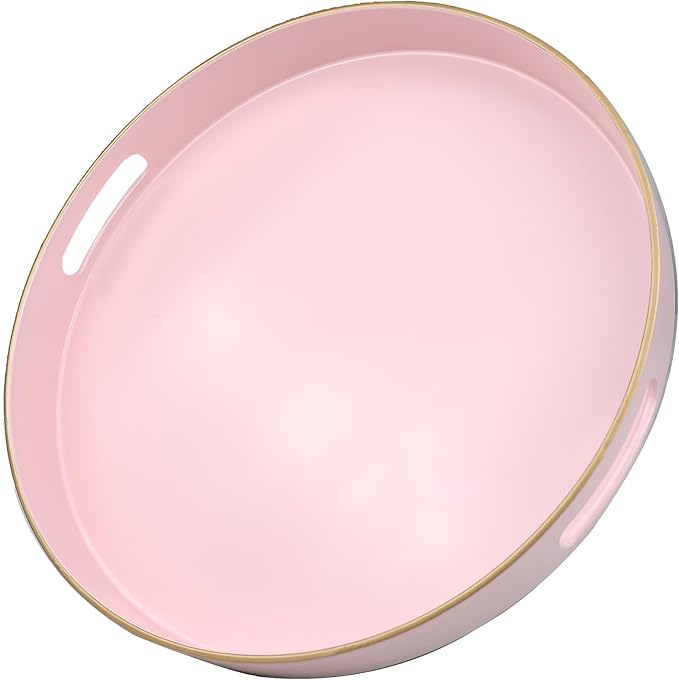 Pink Round Decorative Tray with Handles, 13" Versatile Serving Tray for Coffee Table, Ottoman, Ideal for Serving, Displaying, Organizing