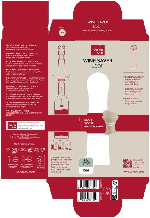 Vacu Vin Wine Saver Loop – Made in the Netherlands – Premium Vacuum Pump with Stopper – Airtight Seal Preserves Opened Wine Bottles up to 10 Days – Elegant & Durable – Sand