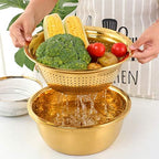 TEHAHA Colander Set With Peeler,3 in 1 Strainer for Kitchen: Stainless Steel Vegetable Slicer,Large Capacity Drain Basket With Mixing Bowl For Washing Vegetables, Fruit, Rice,Dishwasher Safe,Gold.