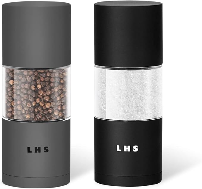 LHS Premium Salt and Pepper Grinder Set, Stainless Steel Salt Pepper Shaker Set, Refillable Pepper Grinder and Salt Mill with Adjustable Coarseness for Kitchen Use - 4.6 Inches(2-Pack, Grey & Black)
