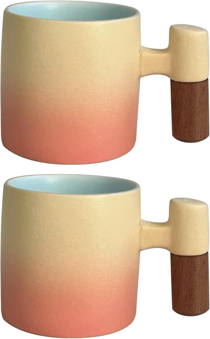 2-Oz Ceramic Espresso Cups with Wood Handle, 2/4-Piece Set for Coffee, Tea, Latte - Dishwasher Safe, Multi-Color & Wood Styles, Gift & Café Use (pink, Wooden Handle2)
