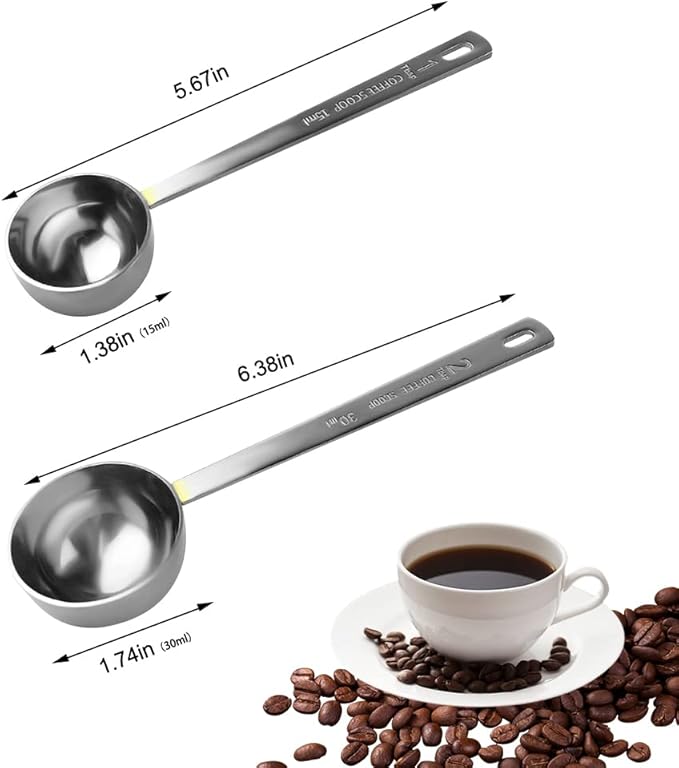 Coffee Scoop, Stainless Steel Coffee Spoons Set, 1 tablespoon (15ml) and 1 tablespoons (30ml) Measuring Spoon, Tablespoon Measure Spoon for Coffee, Milk Powder, Fruit Powder, 2 Pack(Long)