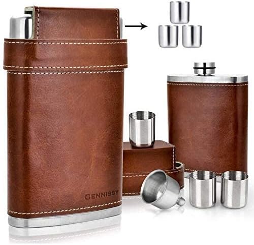 GENNISSY 8oz Hip Flask for Men - 304(18/8) Stainless Steel Bourbon Whiskey Flask, Leakproof with Brown Leather Wrap - Includes Funnel & 3 Mini Cups for Dad, Gifts, Travel
