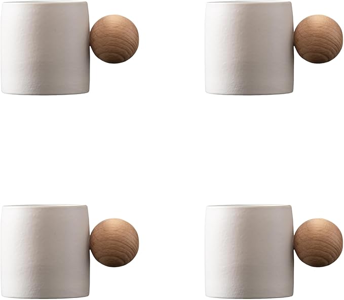 2-Oz Ceramic Espresso Cups with Wood Handle, 2/4-Piece Set for Coffee, Tea, Latte - Dishwasher Safe, Multi-Color & Wood Styles, Gift & Café Use (white, Round Handle4)