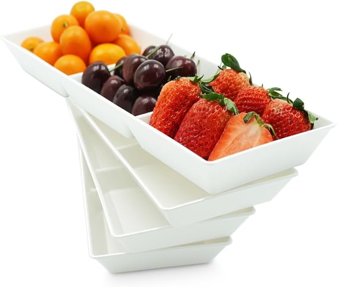 Divided Serving Tray Platter, 4 Pack 15" x 5" Fruit Veggie Food Tray for Party, Plastic Serving Trays for Appetizer, Snack, Dessert, Cookie, Brunch Decorations Platters, White Trays BPA-Free